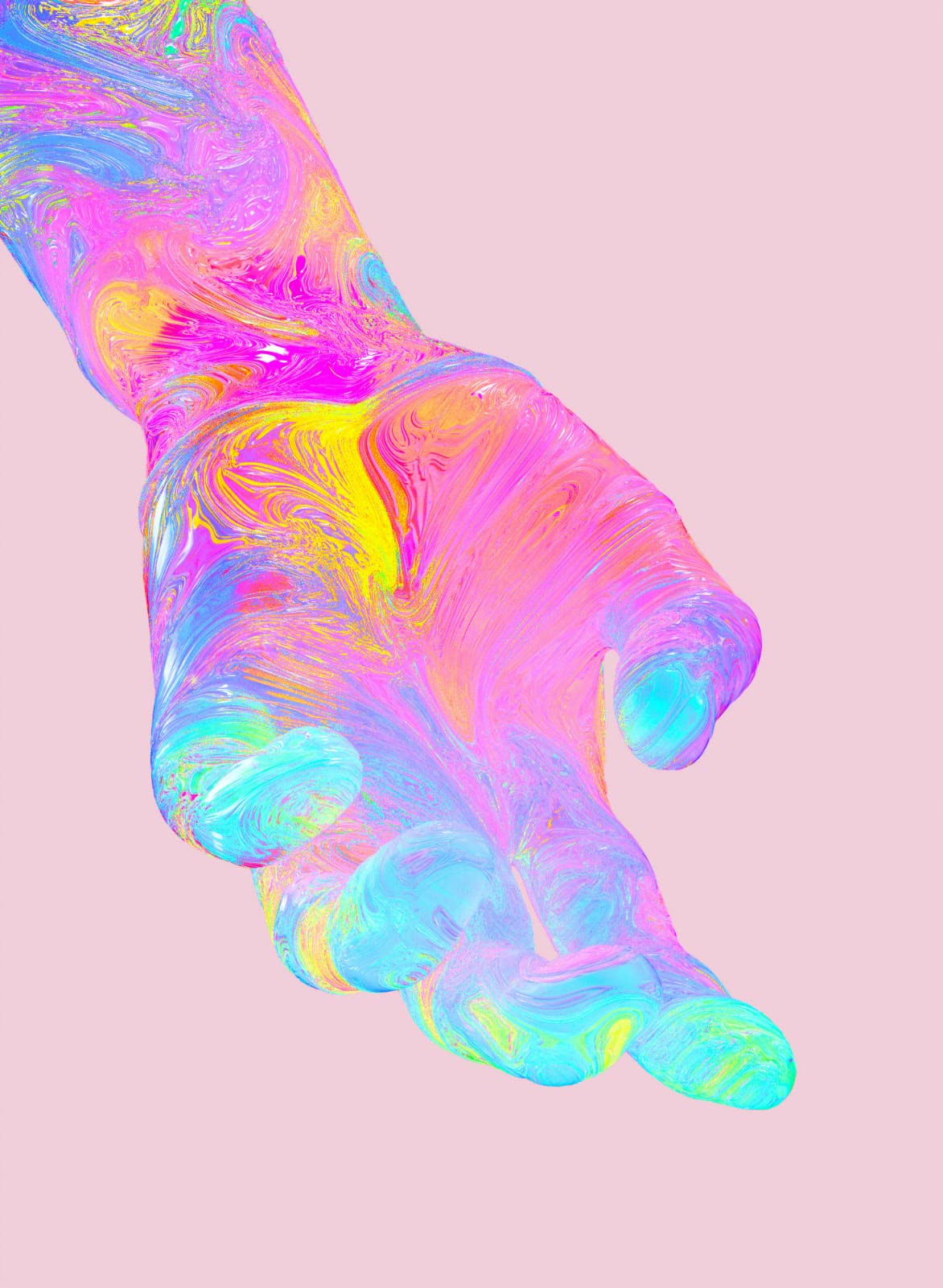Sculpted hand rendered in iridescent poured colour